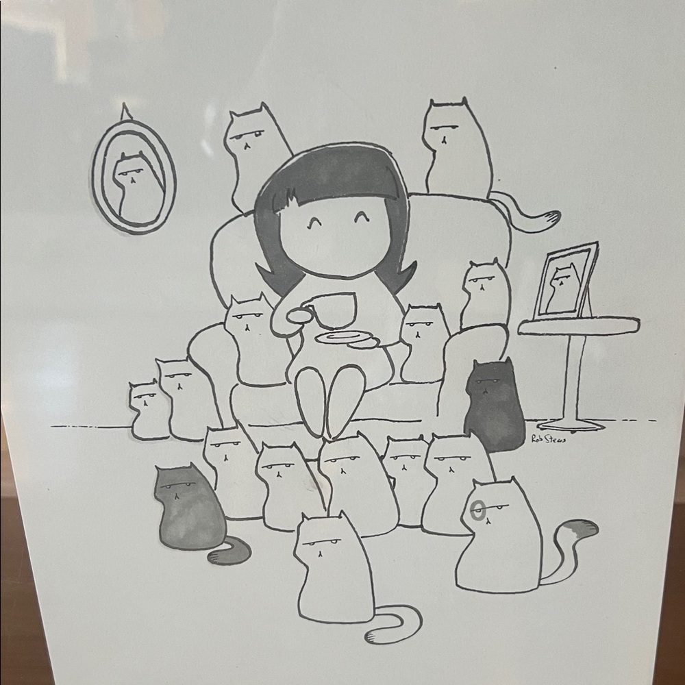 Lady with tea cup and grouchy cat print Irish artist Rob Stears - Picture 3 of 5